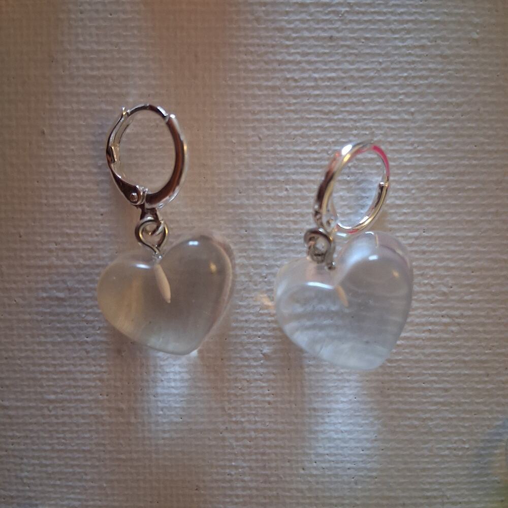 Clear Acrylic Heart Earrings, Silver Circle Leverback Clasps